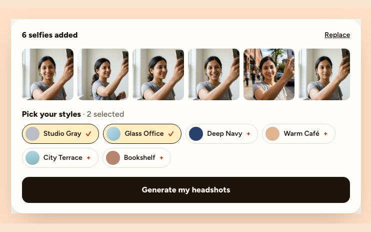 The HeyAIHeadshot upload screen with six selfies added and two styles selected